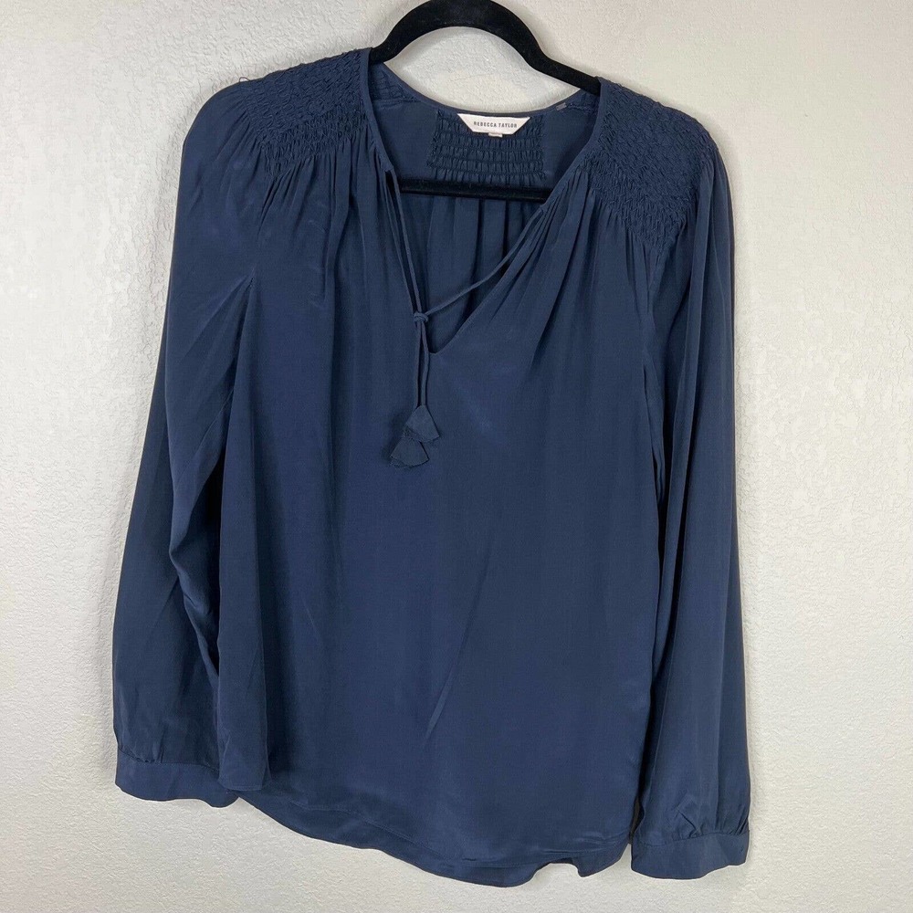 Rebecca Taylor Women's V Neck Smocked Blouse Top Long Sleeve Navy Blue Size 4